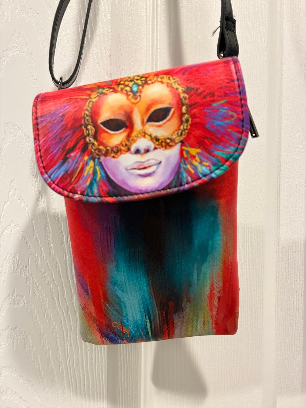 Hand-Painted Masquerade Crossbody Bag in Red and Teal